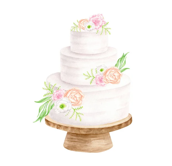 Watercolor wedding cake with floral arrangements on wood stand illustration. Hand drawn 3 tiered white cream dessert isolated on white for invitations, menu, restaurant, shop and bakery logo. — Stock Photo, Image