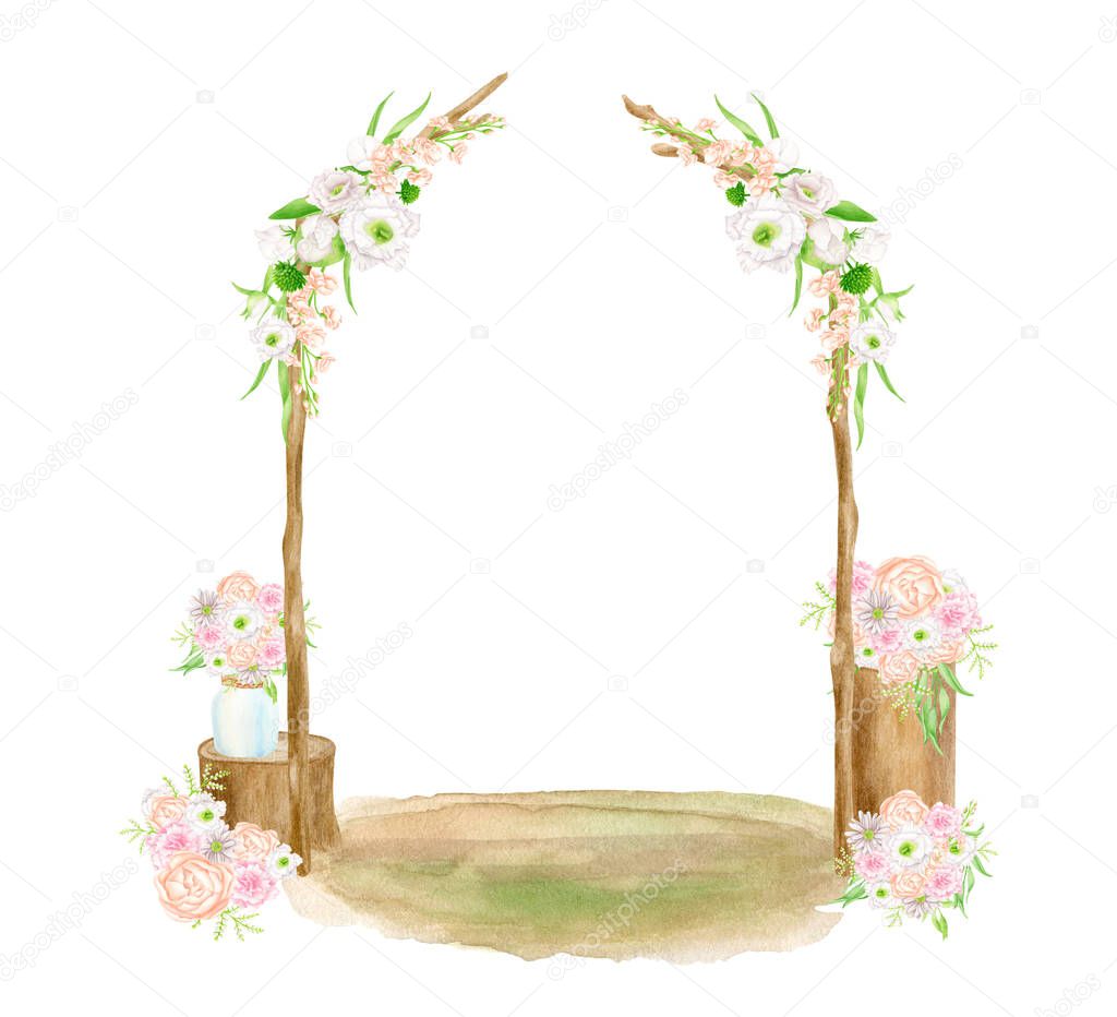 Watercolor wedding arch scene. Hand drawn isolated wood archway with flowers and bouquets on stumps. Wedding ceremony design sketch, rustic decor for invitation.
