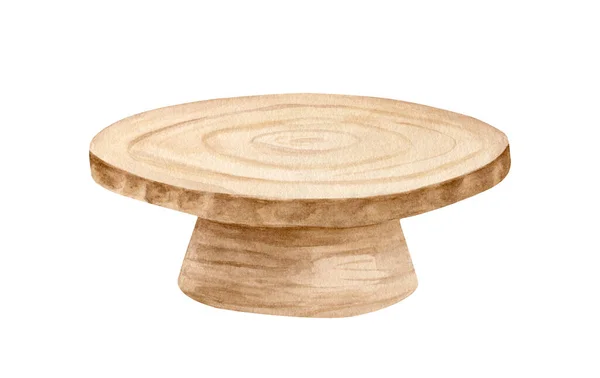 Акварельні дерев'яні столові ілюстрації. Рука намальована коричневим круглим дерев'яним скибочком зі столовою ніжкою, обіднім столом, сільською підставкою для торта. Об'єкт ізольовано на білому тлі . — стокове фото