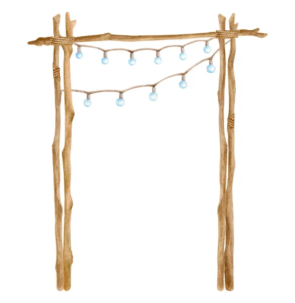 Watercolor square wood wedding arch with hanging lamps. Hand drawn bare tree branches tired with rope isolated on white. Wooden twigs gate decoration, rustic natural design, eco decor illustration. — Stock Photo, Image