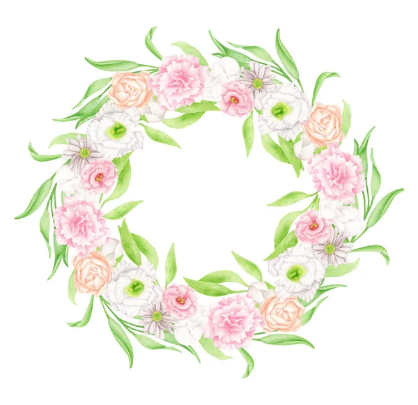 Watercolor floral wreath. Hand drawn round floral frame isolated on white background. Elegant circular composition with blush pastel flower buds, greenery for wedding invitations, save the date. — Stock Photo, Image