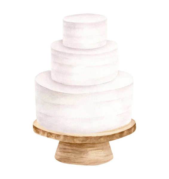 Bolo de casamento aquarela em madeira stand ilustração. Mão desenhado 3 camadas bolo de creme branco. Sobremesa rústica clipart isolado para convites, menu, restaurante, loja e logotipo da padaria. — Fotografia de Stock