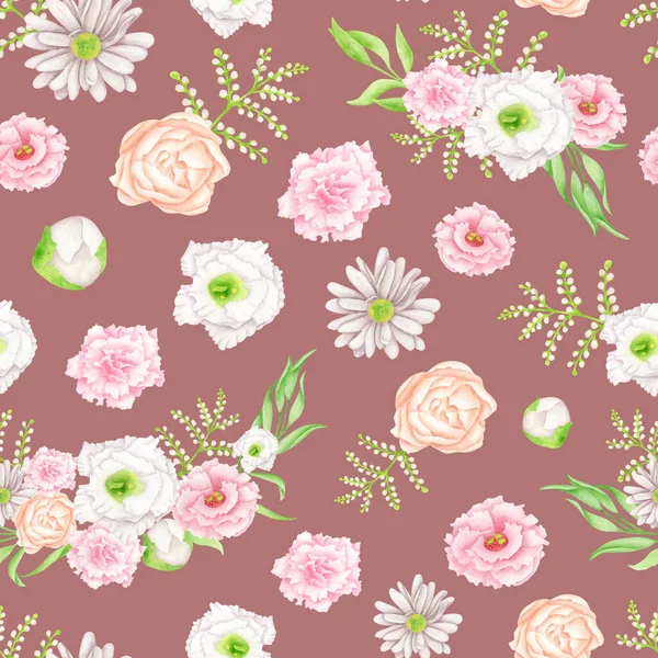 Watercolor floral seamless pattern. Elegant flowers on burgundy background. Blush and white flower arrangements, greenery repeated print for fabrics, textile, wallpaper, wrapping, scrapbook paper. — Stock Photo, Image