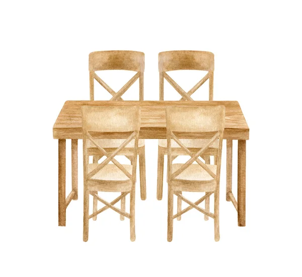 Akvarel Dřevěný Nábytek Set Stolem Židlemi Ručně Kreslený Hnědý Stůl — Stock fotografie