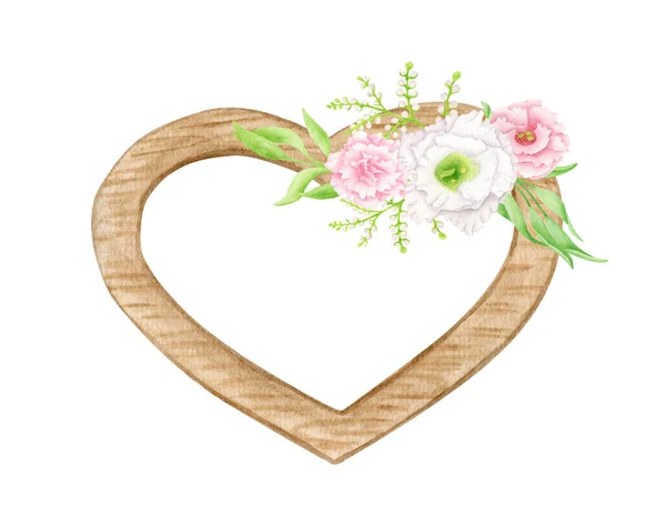 Aquarell Holz Florale Herz Illustration Handbemalte Holzdekoration Mit Blumen Und — Stockfoto