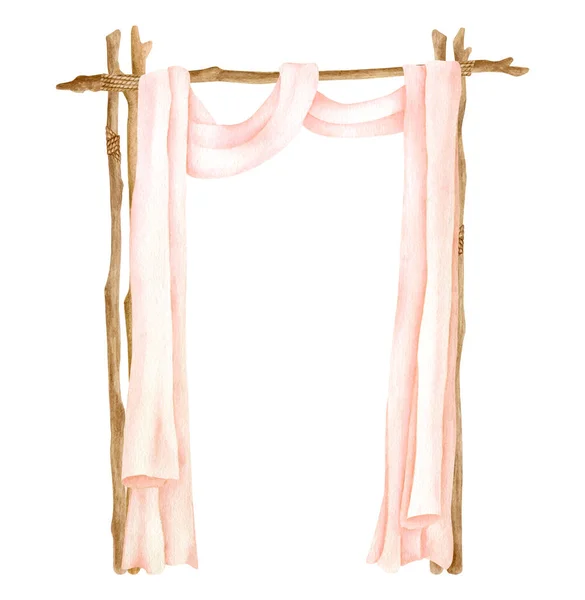 Watercolor Rustic Wedding Arch Wood Sticks Decorated Peach Curtains Hand — Stock Photo, Image