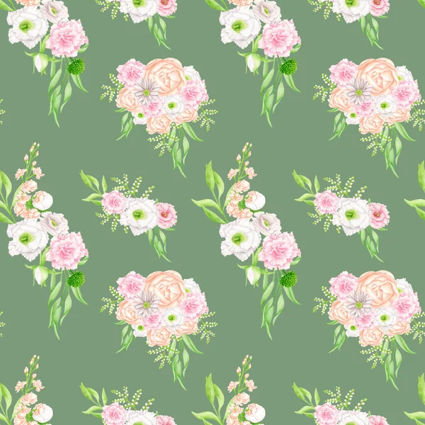 Watercolor Floral Seamless Pattern Elegant Bouquets Green Background Blush Flowers — Stock Photo, Image