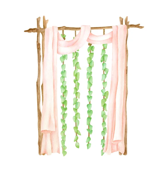 Watercolor Wood Wedding Arch Hanging Ivy Leaves Garlands Pastel Curtains — Stock Photo, Image
