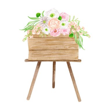 Suluboya hoş geldin tabelası çizimi. El boyası ahşap sehpa, çiçekler ve beyaz arka planda izole yapraklar. Kartlar, davetiyeler için Rustik düğün dekorasyonu taslağı, tarihi kaydet