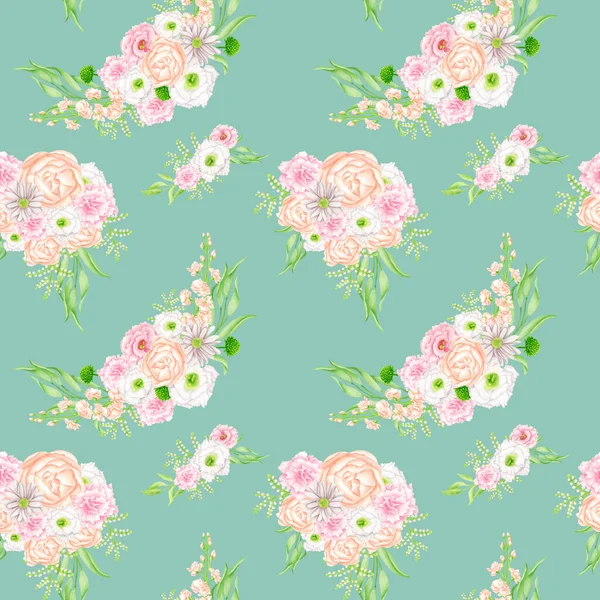 Watercolor Floral Seamless Pattern Elegant Bouquets Blush White Flowers Blue — Stock Photo, Image