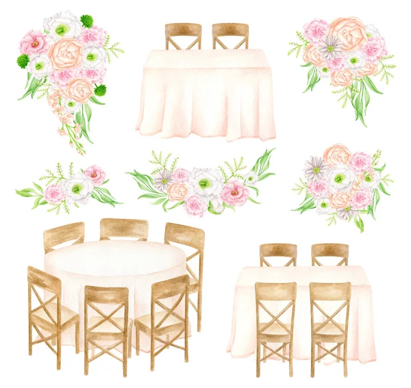 Wedding reception decor creator set. Watercolor flower bouquets, head table, banquet tables isolated on white background. Draped tablecloth, floral arrangement. Elegant wedding decoration sketch