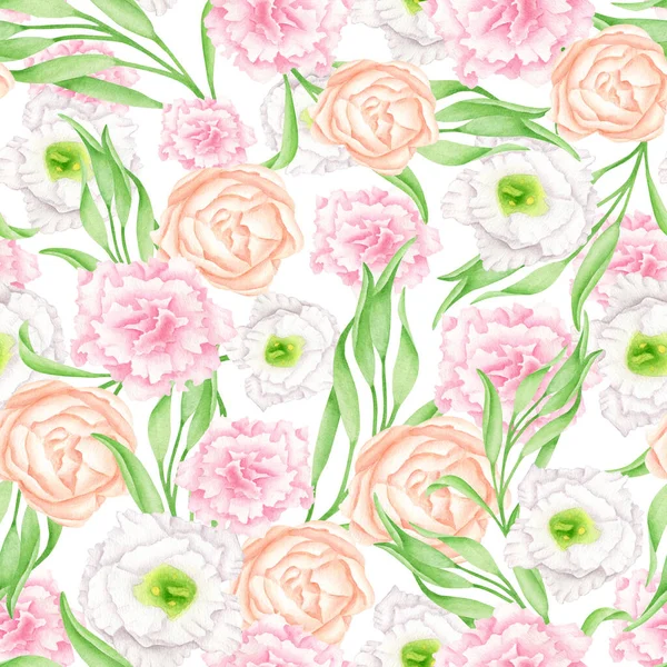Watercolor Floral Seamless Pattern Lush Greenery Delicate Blush White Peach — Stock Photo, Image