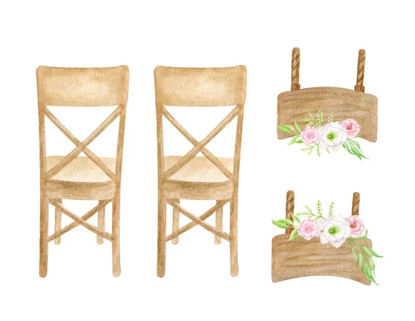 Watercolor Wedding Wood Chairs Signboards Decorated Floral Arrangements Hand Drawn — Stock Photo, Image