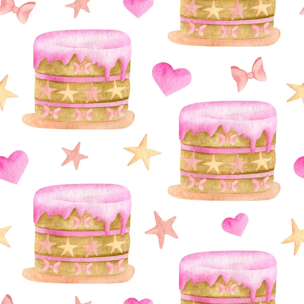 Watercolor cute cake seamless pattern. Hand painted biscuit cake with pink glaze, hearts, ribbon bows and stars isolated on white. Girls birthday party background. Sweet dessert ilustration