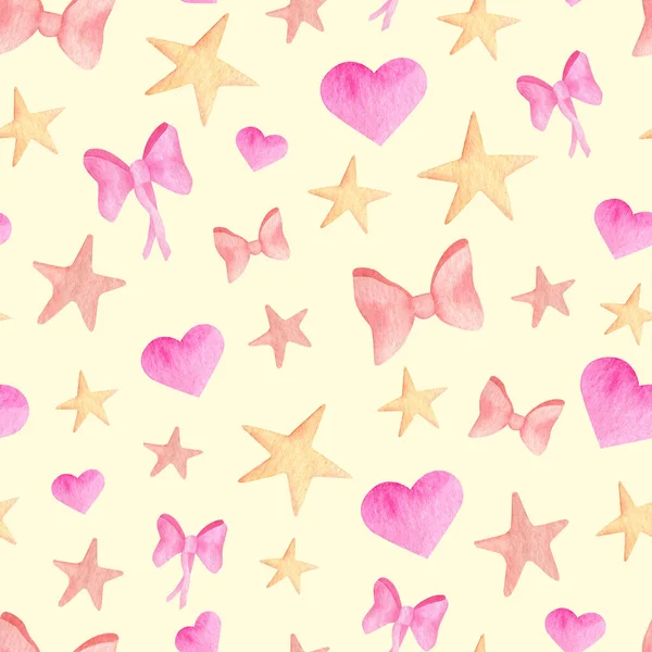 Acuarela lazos de cinta rosa, corazones y estrellas patrón sin costuras. Pintado a mano lindo diseño simple sobre fondo amarillo pastel para niños, niñas, niños, guardería, textil, envoltura. — Foto de Stock