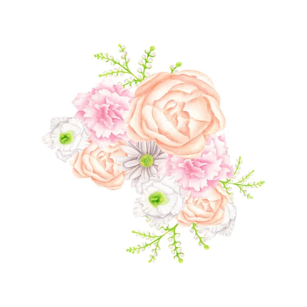 Acquerello bouquet di fiori illustrazione. Disposizione floreale dipinta a mano isolata su sfondo bianco. Eleganti blush, fioriere bianche e rosa con foglie per inviti nuziali, biglietti. — Foto Stock