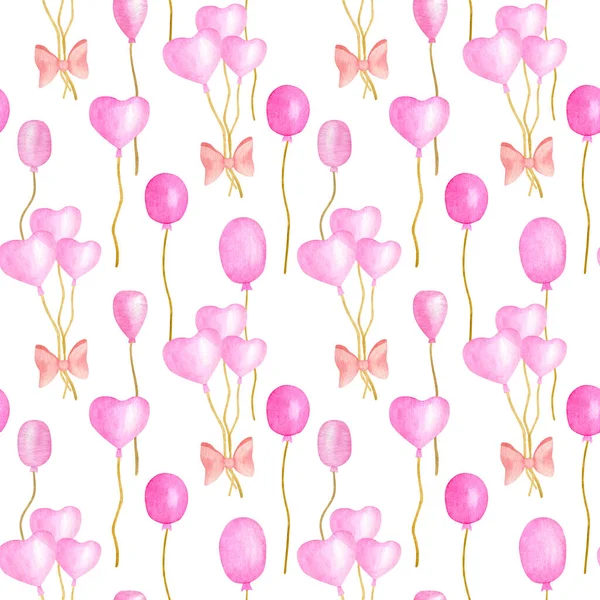 Różowe balony akwarelowe bez szwu wzór. Ręcznie rysowane słodkie okrągłe i serca kształt grona balon powietrza z kokardek wstążki izolowane na białym. Przyjęcie urodzinowe, tło Walentynki. — Zdjęcie stockowe