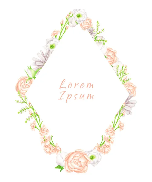 Rhombus frame met aquarelblos bloemen. Handgetekend geometrisch randframe geïsoleerd op wit. Bloemen uitnodigen kaart sjabloon, elegant ontwerp voor bruiloft uitnodigingen, sla de datum. — Stockfoto