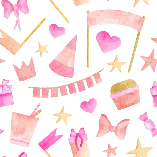 水彩キッズパーティーシームレスパターン。ケーキ、パーティー帽子、キャンディー、ギフトボックス、紙の旗、ガーランド、リボン弓を白で隔離したかわいいピンクのデザインを手描き。女の子のための幸せな誕生日の背景. — ストック写真