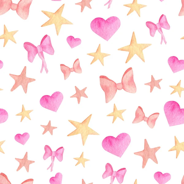Akvarell rózsaszín szalag íjak, szívek és csillagok zökkenőmentes minta. Kézzel festett aranyos egyszerű design elszigetelt fehér háttér gyerekeknek, lányok, gyerekek, óvoda, textil, csomagolás. — Stock Fotó