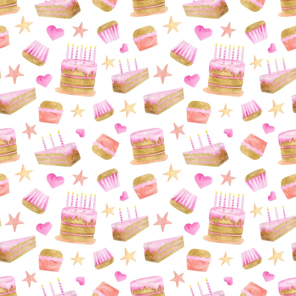 Acuarela Patrón sin costuras pastel de cumpleaños. Pastel de galletas pintado a mano con esmalte rosa, velas de cumpleaños, corazones y estrellas aisladas en blanco. Fondo de fiesta de cumpleaños de chicas. Lindo postre ilustración. — Foto de Stock