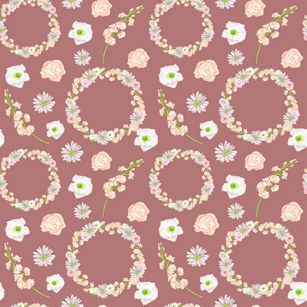 Watercolor seamless pattern with flowers and floral wreaths. Elegant peach colored matthiola and peonies on burgundy background. Botanical illustration for fabrics, fashion, wrapping, wallpaper. — Foto Stock