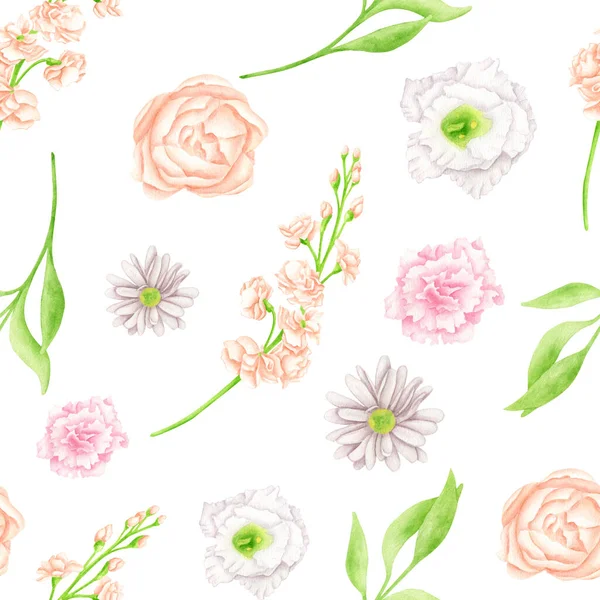 Bloemen naadloos patroon met aquarel bloemen en bladeren. Delicate blos en witte bloemenkoppen geïsoleerd op wit. Botanische herhaalde achtergrond voor verpakking, textiel, stoffen, kaarten. — Stockfoto
