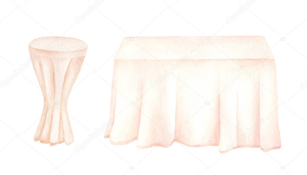 Watercolor clothed tables illustration. Hand drawn simple wedding table for newlyweds and ceremony altar table with elegant pink draped tablecloth isolated on white background. Sketch for decoration.