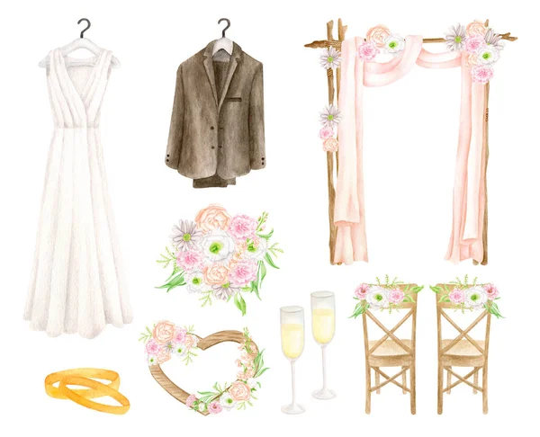 Ensemble de mariage aquarelle. Robe de mariée blanche dessinée à la main, costume de marié, arc de mariage, bouquet nuptial, coeur en bois, bagues en or, verres à champagne, chaises avec des fleurs isolées sur blanc. Essentiels de mariage. — Photo