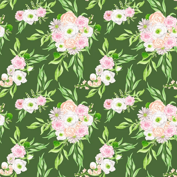 Watercolor floral seamless pattern with elegant bouquets. Blush and white flowers on green background. Repeated botanical print. Design for fabrics, textile, wallpaper, wrapping, scrapbook paper. — Stock Photo, Image