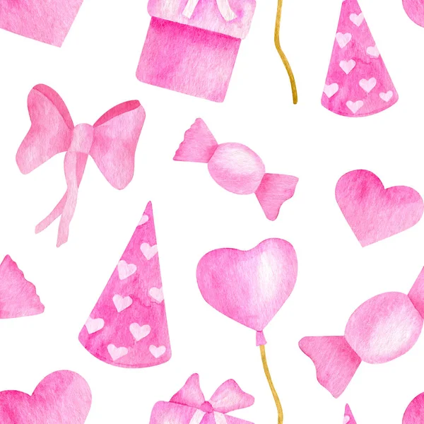 Aquarelle joyeux anniversaire motif sans couture. Chapeau de fête rose dessiné à la main, bonbons, boîte cadeau, ballon, sucette, ruban papillon. Fond mignon de fête d'anniversaire. Fille anniversaire célébration. — Photo