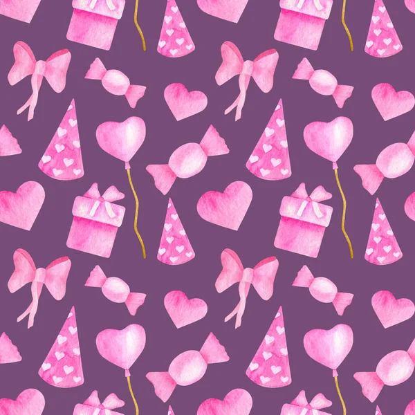 Akvarell grattis på födelsedagen sömlös mönster. Hand dras rosa part hatt, godis, presentförpackning, ballong, klubba, band båge på lila bakgrund. Söt födelsedagsfest illustration. — Stockfoto