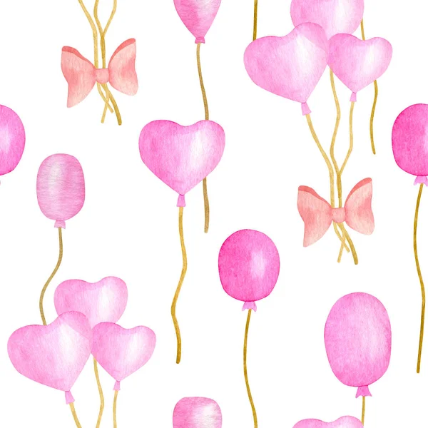 Balões de aquarela rosa sem costura padrão. Mão desenhado bonito cachos de balão de ar com laços de fita para crianças, festa de aniversário da menina, dia dos namorados. Desenho repetido isolado sobre fundo branco. — Fotografia de Stock