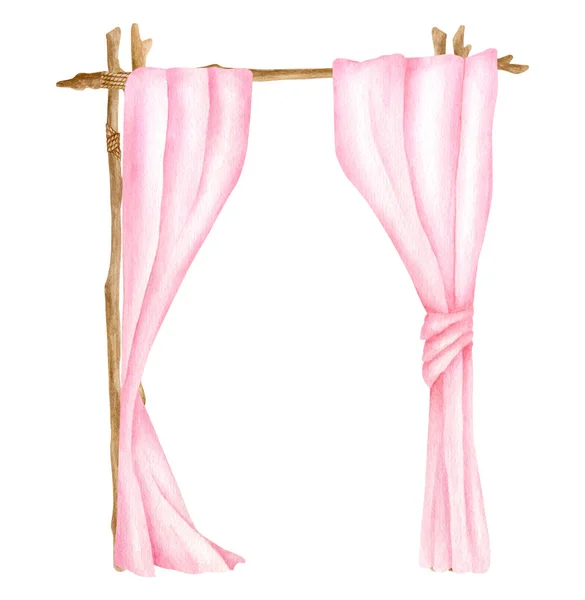 Акварельна весільна арка з дерев'яними паличками, прикрашена рожевими тканинами. Рука намальована дерев'яна квадратна арка ізольована на білому. Елегантна пастельна завіса, богемний ескіз еко-декор . — стокове фото