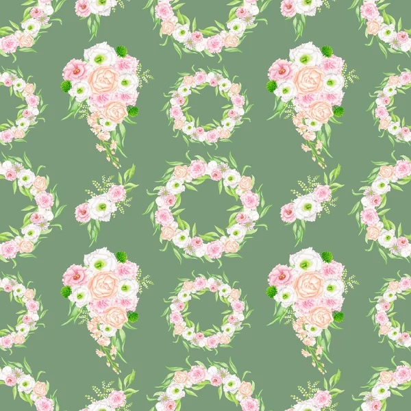 Watercolor floral seamless pattern with elegant bouquets. Blush and white flowers on green background. Repeated botanical print. Design for fabrics, textile, wallpaper, wrapping, scrapbook paper. — Stock Photo, Image