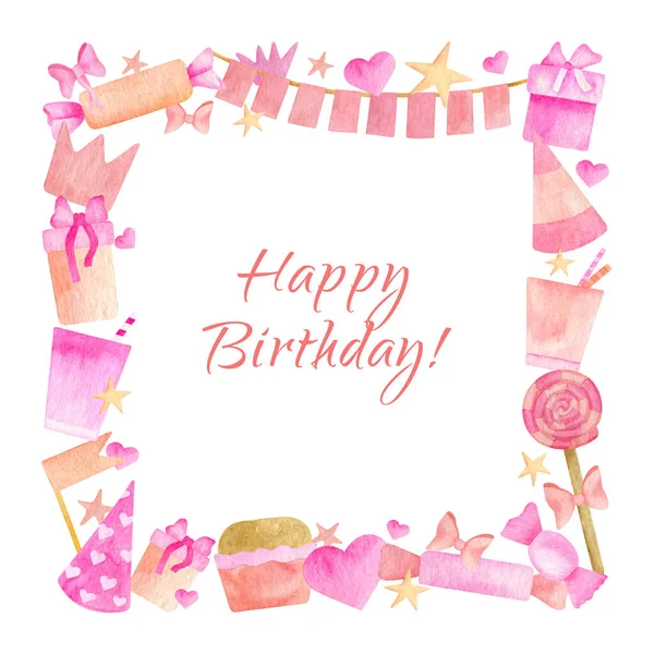 Akvarell Födelsedag ram. Hand dras söt rosa gräns med parti hatt och flaggor, pappersmugg, tårta, godis, hjärta och band bågar isolerade på vit bakgrund. Grattis på födelsedagen design för flickor. — Stockfoto