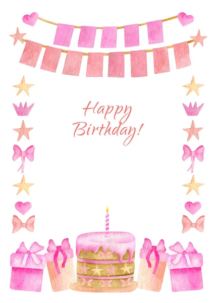 Akvarell Födelsedagskort mall. Söt rosa ram för flickor, barn fest med födelsedagstårta, presentförpackning, papper flaggor, stjärnor, hjärtan och band bågar isolerade på vit bakgrund. Grattis på födelsedagen. — Stockfoto