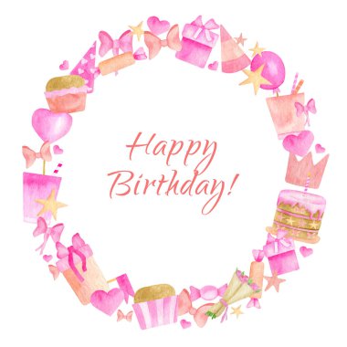 Doğum günü çerçevesinde suluboya. Üzerinde balonlar, hediye kutuları, doğum günü pastası, tatlılar, kalpler ve kurdele desenleri olan şirin pembe bir çelenk beyaz üzerine izole edilmiş. Kızlar için Mutlu Yıllar Tasarımı