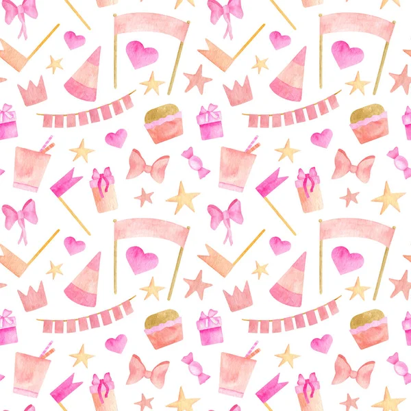 Watercolor Kids Party Seamless Pattern Hand Drawn Cute Pink Design — Stock Photo, Image