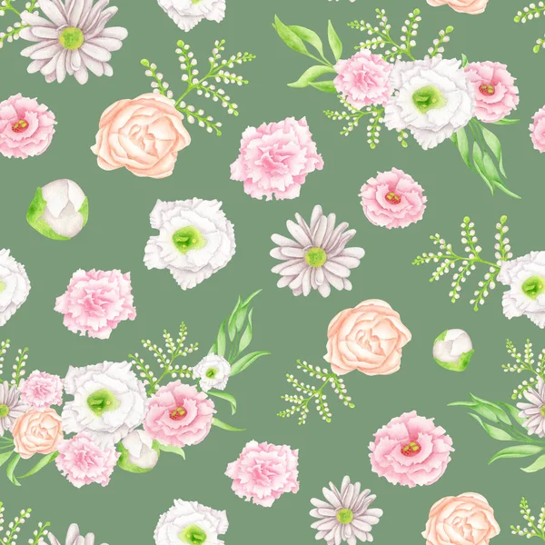 Watercolor Floral Seamless Pattern Elegant Blush White Flowers Green Background — Stock Photo, Image