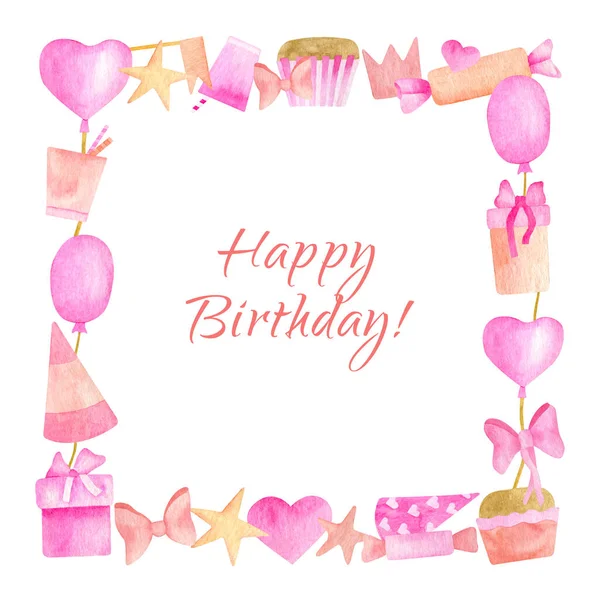 Watercolor Birthday frame. Hand drawn cute pink border with balloons, party hats, gift boxes, cake, sweets, stars, hearts and ribbon bows isolated on white background. Happy Birthday design for girls.