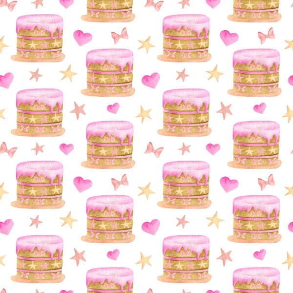 Watercolor cute cake seamless pattern. Hand painted biscuit cake with pink glaze, hearts, ribbon bows and stars isolated on white. Girls birthday party background. Sweet dessert ilustration. — Stock Photo, Image