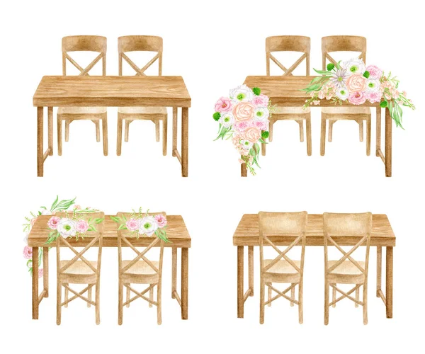 木制婚桌摆好了水彩画床头,花朵排列与白色隔离.手绘甜餐桌,绿油油装饰,前后观景.乡村音乐婚宴草图. — 图库照片