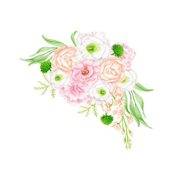 Ilustração do buquê de flores aquarela. Arranjo floral pintado à mão isolado no fundo branco. Blush elegante, branco e rosa cabeças de flores com folhas para convites de casamento, cartões. — Fotografia de Stock