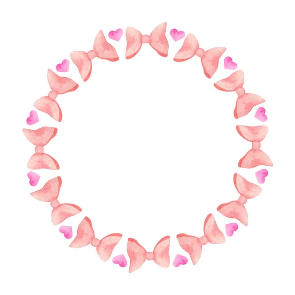 Akwarelowa ramka z kokardką. Ręcznie malowane słodkie różowe serca granicy. Okrągły wzór karty romantycznej na baby shower, Walentynki, urodziny dziewczyny, scrapbooking. Dzieci żłobek ilustracja. — Zdjęcie stockowe