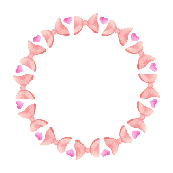 Akvarell band båge ram. Handmålade söta rosa hjärtan gränsen. Runda romantiska kort mall för baby shower, Alla hjärtans dag, flicka födelsedag, scrapbooking. Illustration för barndaghem. — Stockfoto