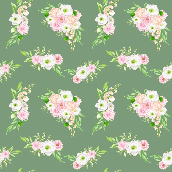 Watercolor floral seamless pattern with elegant bouquets. Blush and white flowers on green background. Repeated botanical print. Design for fabrics, textile, wallpaper, wrapping, scrapbook paper. — Stock Photo, Image