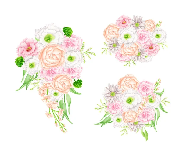 Mazzi di fiori acquerello set illustrazione. Disposizioni floreali boho disegnato a mano isolato su bianco. Eleganti blush, fioriere bianche e rosa con verde per inviti nuziali, biglietti. — Foto Stock