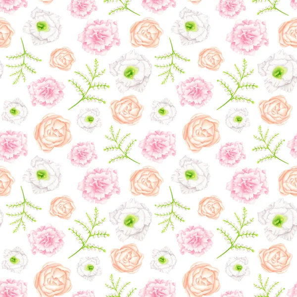 Floral seamless pattern with watercolor flowers. Hand painted little flowers in neutral color palette isolated on white. Botanical endless background for wedding, wrapping, textile, fabrics. — Stock Photo, Image