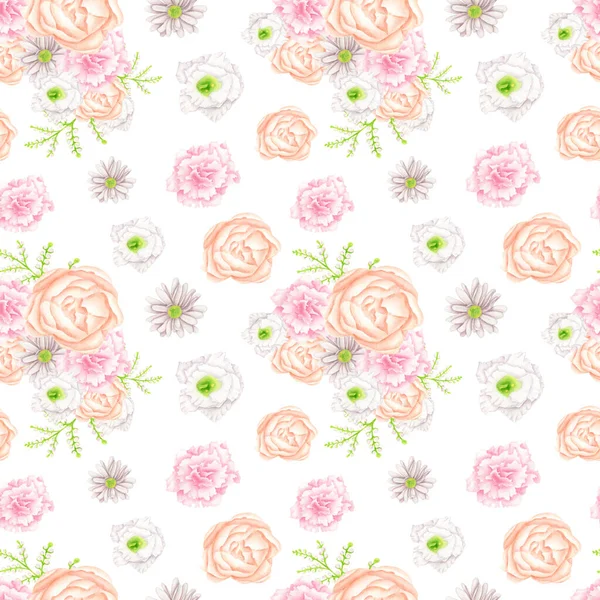 Floral seamless pattern with watercolor flowers. Hand drawn little peach, pink flowers, elegant bouquet in neutral colors isolated on white background. Botanical tile for wedding, wrapping, textile. — Stock Photo, Image